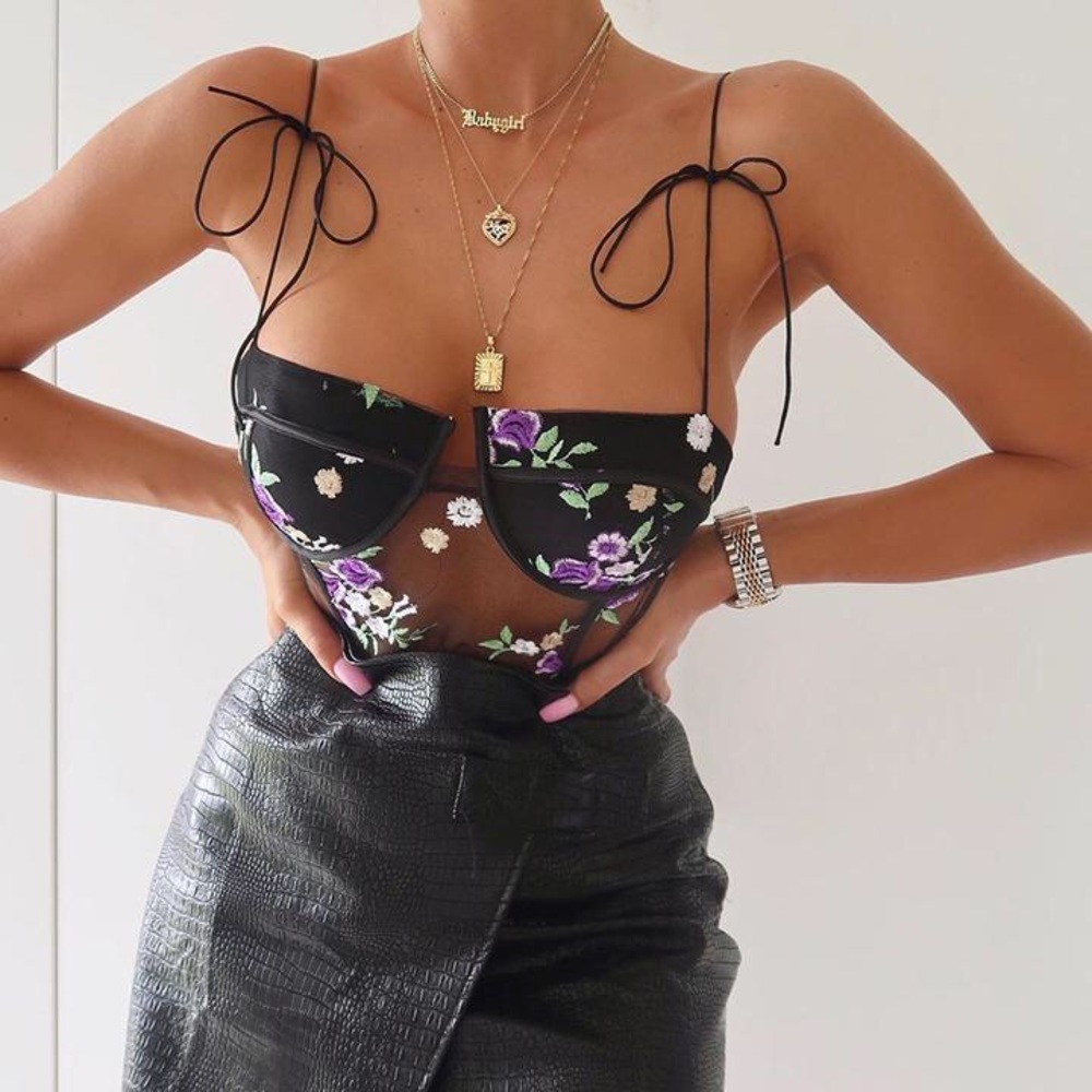 black lace floral sheer embroidery corset bodysuit